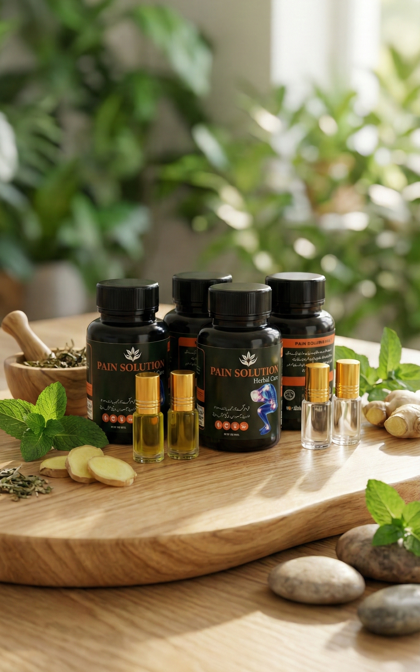 Ali Ahsan Herbal Care Pain Solution bottles and organic oil roller bottles displayed on natural wood board